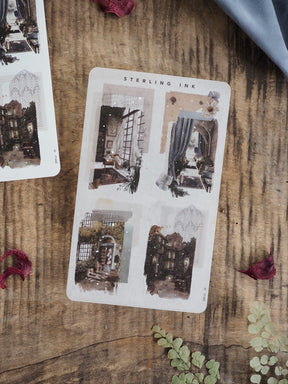 Collage sticker sheet featuring moody, vintage architectural vignettes and delicate silver foil accents perfect for journaling and scrapbooking.