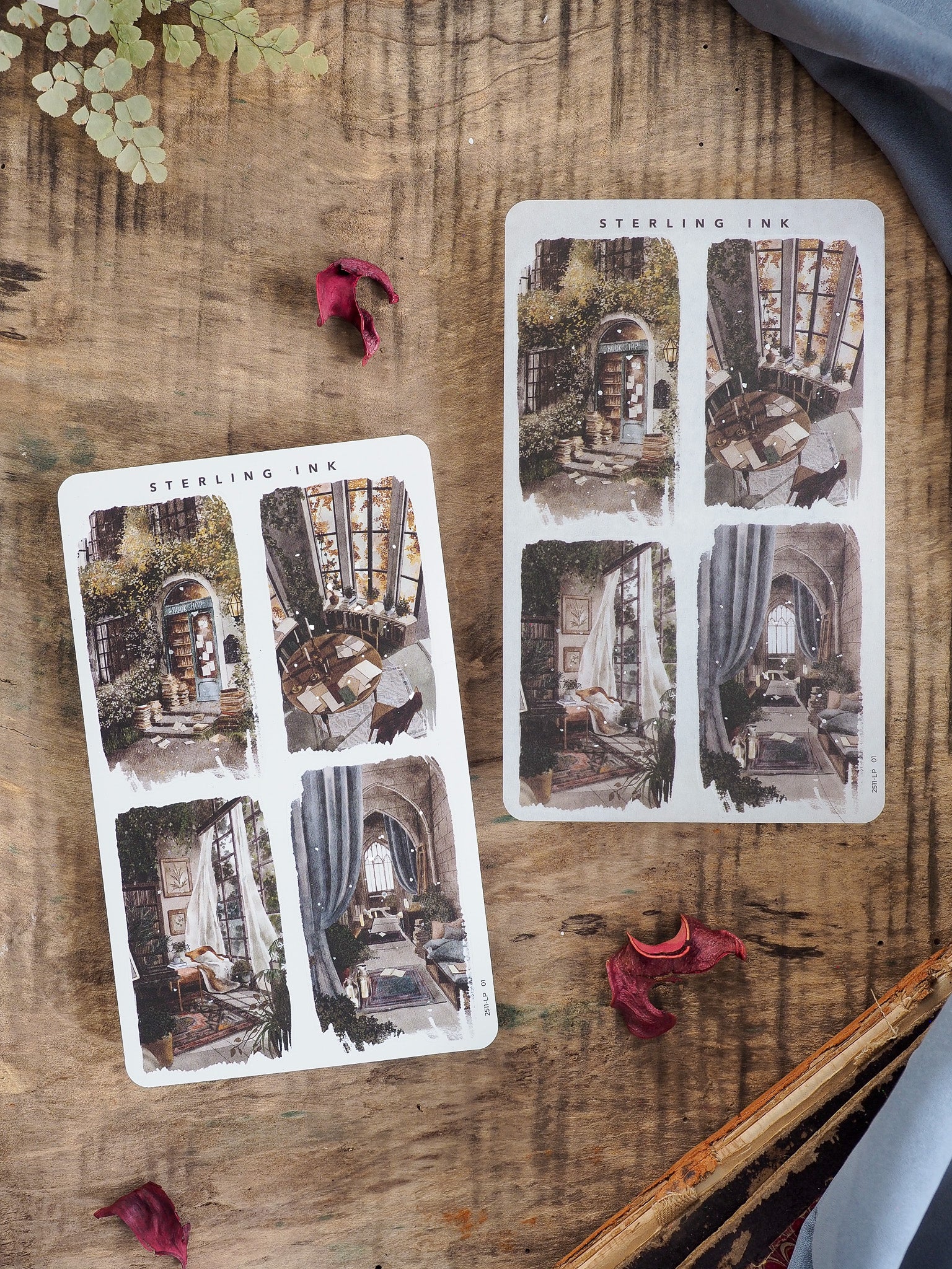 Illustration sticker sheets featuring moody gothic interiors, including vignettes of arched windows, luxurious curtains, and antique architectural details.