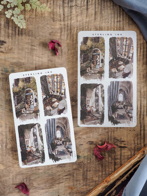 Illustration sticker sheets featuring moody gothic interiors, including vignettes of arched windows, luxurious curtains, and antique architectural details.