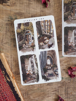 Large illustration stickers featuring vintage architectural designs, including ornate arches, stained glass windows, and detailed moody interior scenes.