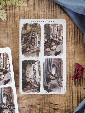 Atmospheric sticker sheet featuring four vintage illustrations of overgrown, forgotten architectural interiors and moody historic hallways.