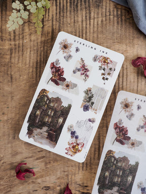 Vintage sticker set featuring autumnal floral bouquets, dried botanicals, and ornate gothic architecture for November 2025 scrapbooking.