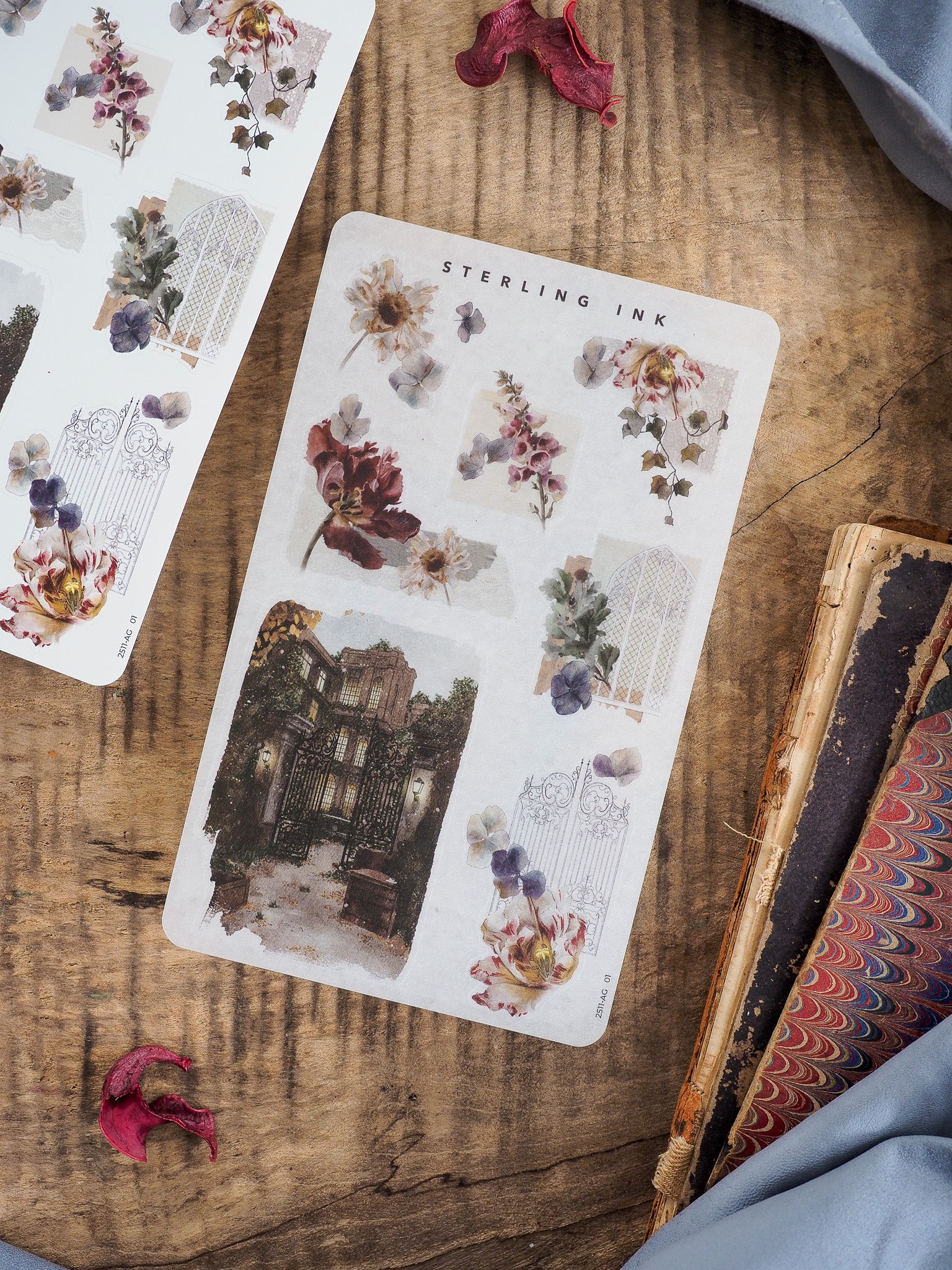 Elegant sticker sheets featuring muted autumn florals, vintage architectural details, and romantic botanical arrangements.