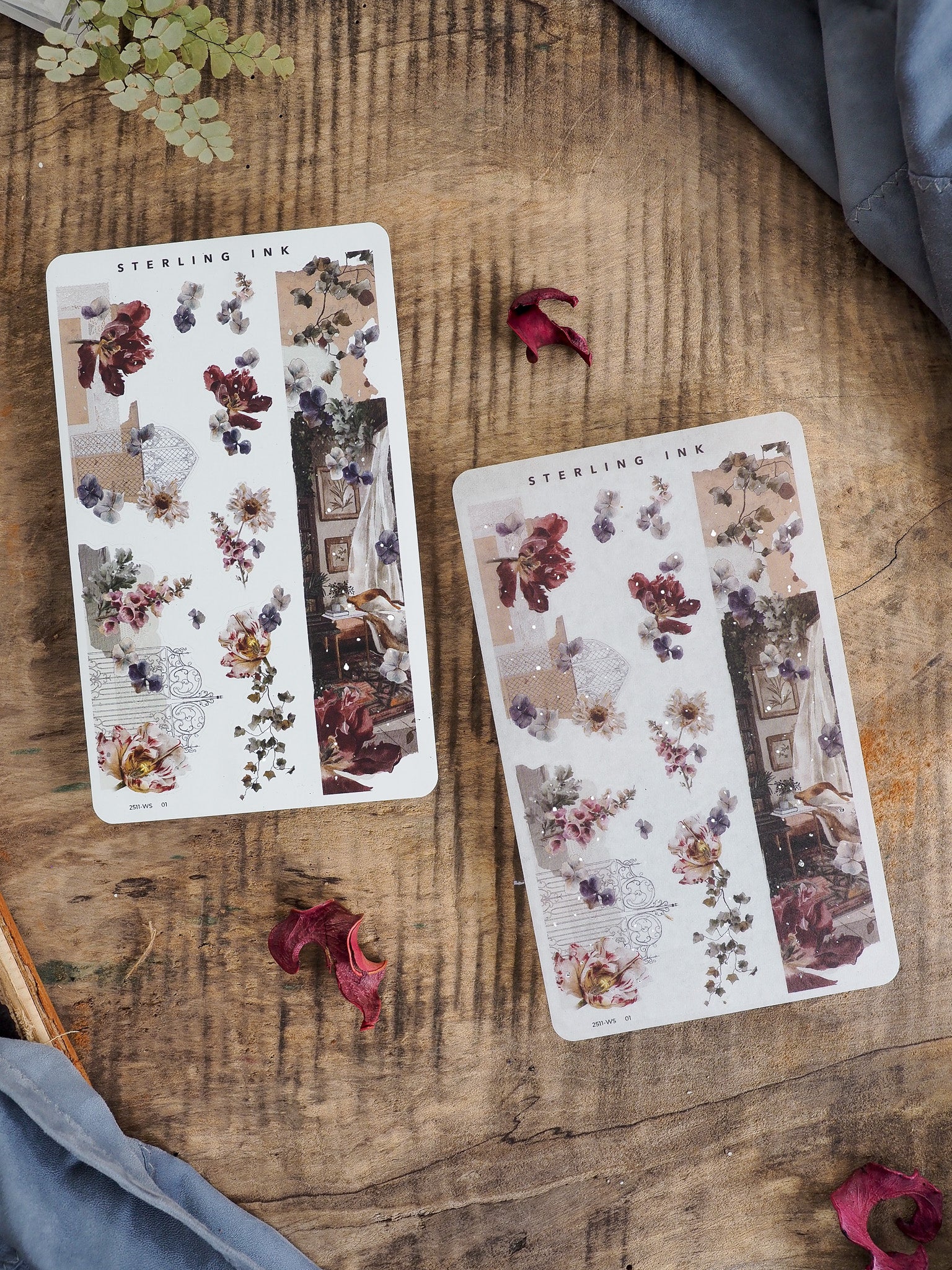 Decorative washi strip stickers featuring vintage floral botanicals in muted tones of plum, burgundy, and dusty purple foliage.