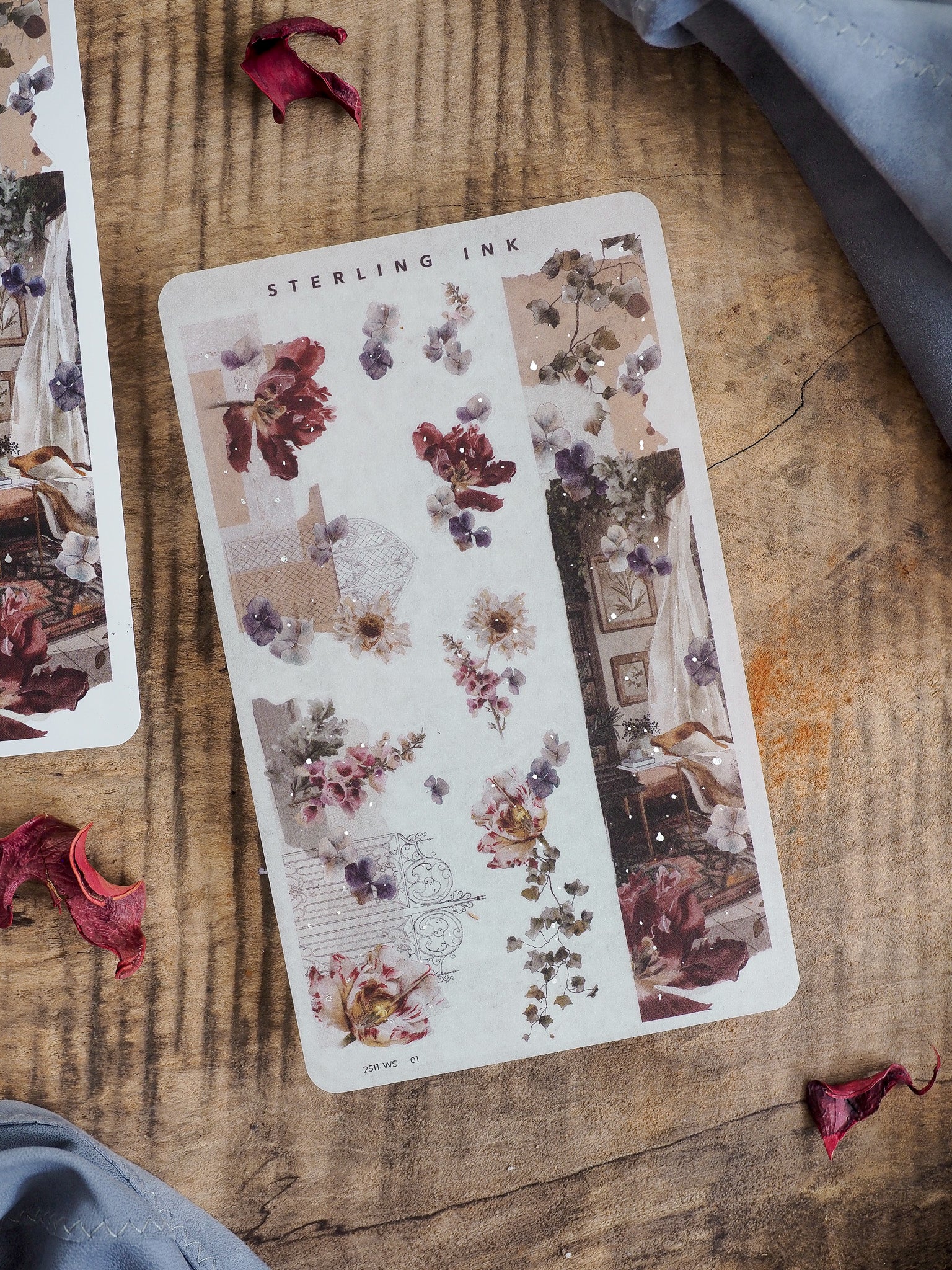 Autumnal washi strip sticker featuring a vintage, rustic design of faded florals, deep burgundy foliage, and delicate cream-toned botanical elements.