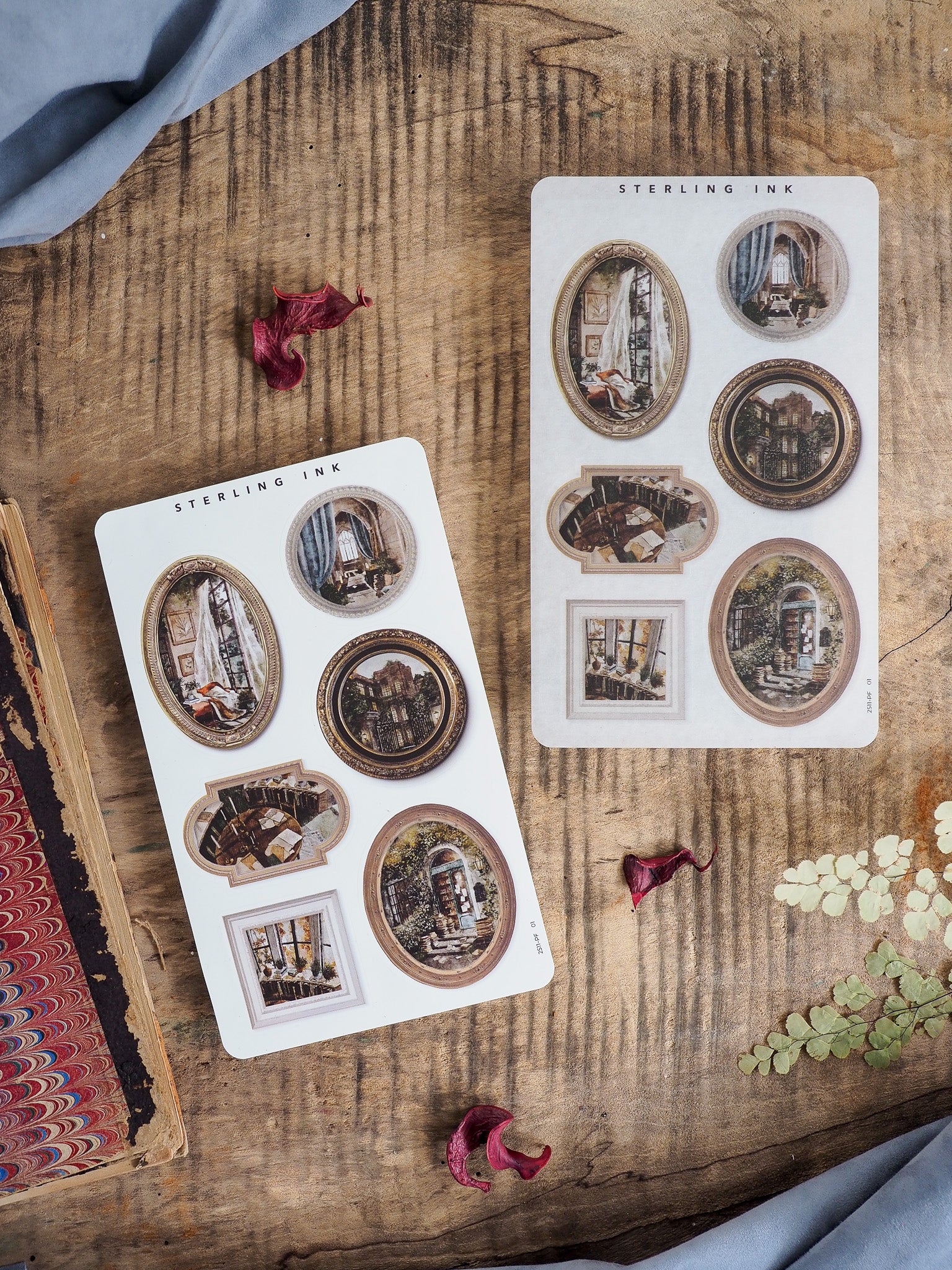 Decorative sticker sheets featuring ornate, sepia-toned picture frames filled with vintage architectural and nostalgic scenic photos.