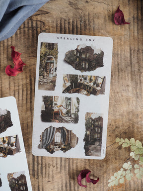 Vintage sterling ink stickers featuring distressed, torn paper vignettes of architectural details and moody, historic building scenes.
