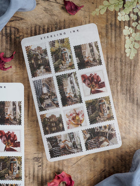 "Sterling Ink Stamps - November 2025," a sheet of richly detailed, sepia-toned stickers depicting vintage European architectural scenes and moody, antique alleyways.