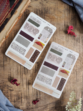 Autumnal journaling sticker set featuring torn kraft paper, decorative labels, and assorted earth-toned tapes perfect for crafting and seasonal planner decoration.