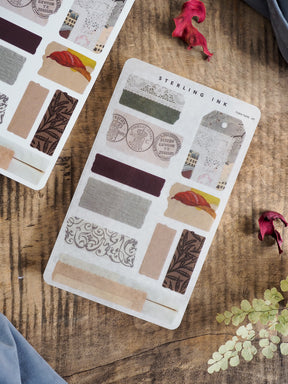 Assortment of vintage-themed "torn paper" sticker tapes featuring autumnal tones, damask patterns, and rustic stamps for journaling and crafting.