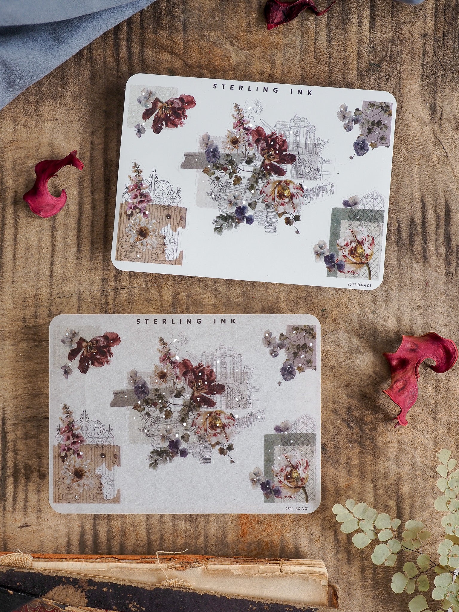 Rich vintage sticker sheets featuring deep jewel-toned floral clusters, pressed botanical elements, and delicate architectural corner embellishments.