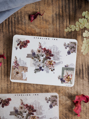 Decorative sticker sheet featuring elegant, muted floral clusters, deep red roses, and architectural corner designs in earthy, natural tones.