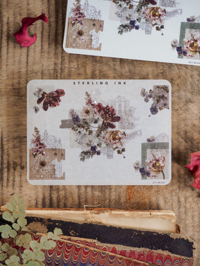 Decorative corner and edge stickers featuring delicate vintage florals, botanical sketches, and ornate silver foil accents, perfect for journal embellishment.