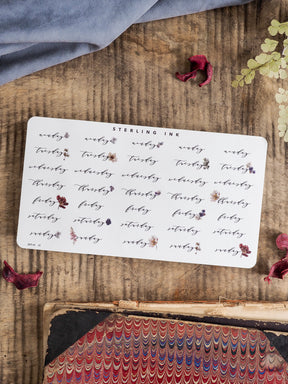 Sticker sheet for November 2025, featuring a minimalist calendar layout of "weekday" labels accented by delicate printed botanical and floral clusters.