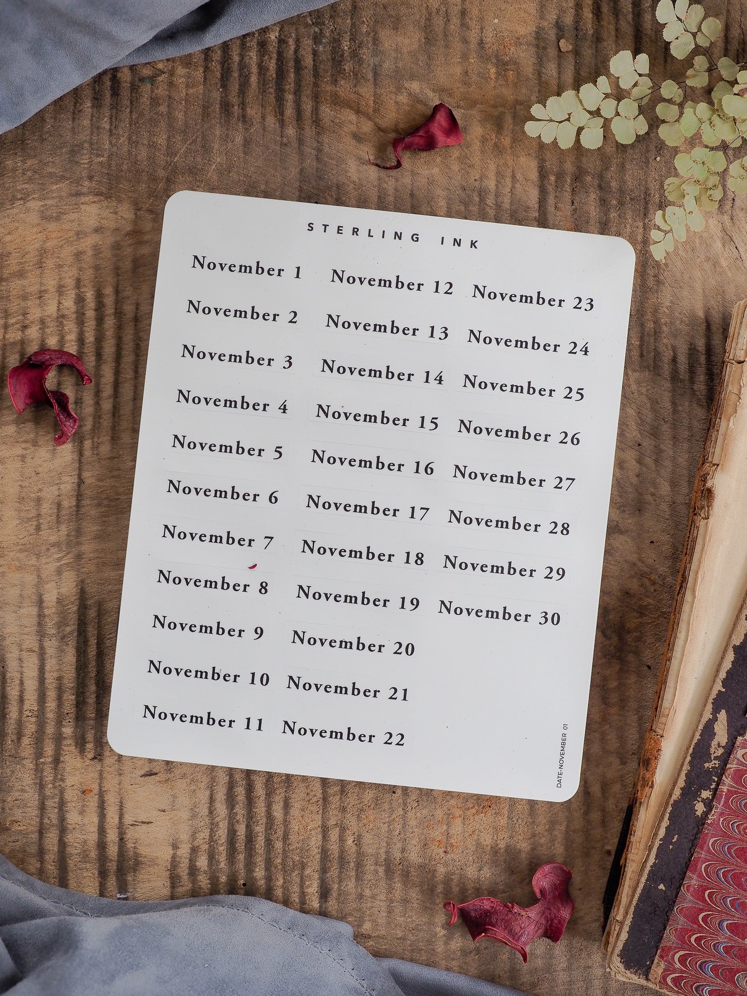 Structured set of clean white date stickers for November 2025, featuring a labeled calendar grid and "STERLING INK" branding.