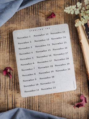 Minimalist printable sheet featuring November 2025 date stickers, clearly labeling 30 days for journaling or planning purposes.
