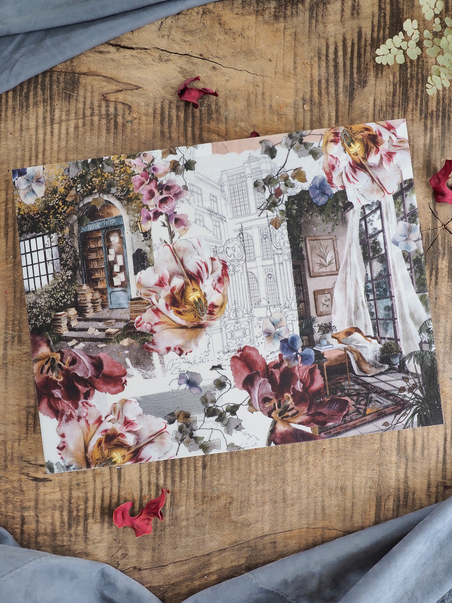 Detailed illustration combining vibrant red and pink florals with a classical, weathered European street scene for an elegant, romantic vintage aesthetic.
