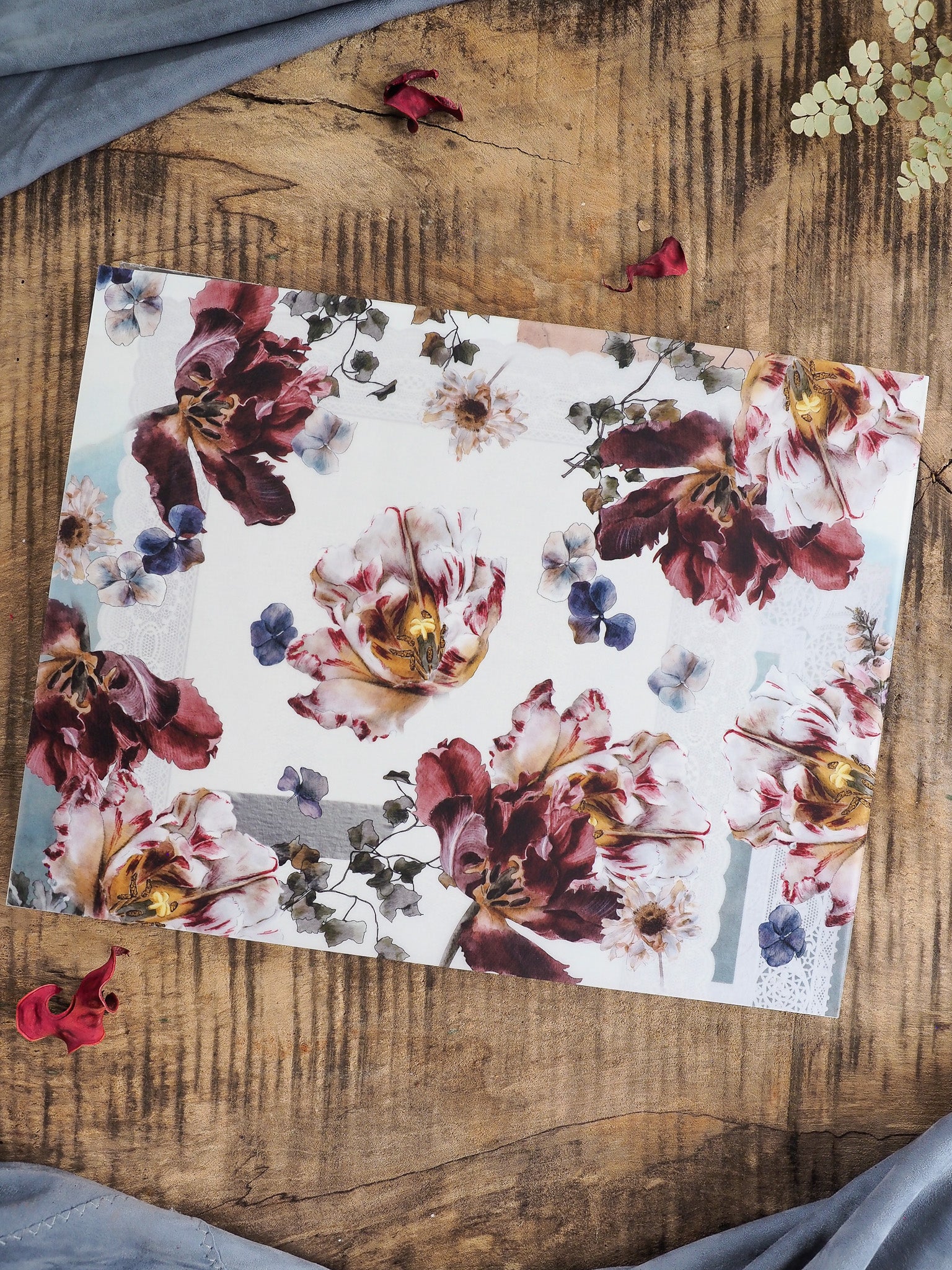 Watercolor floral planner cover for November 2025, featuring deep burgundy and cream blooms, paired with delicate blue berries and detailed green foliage.