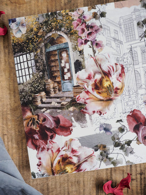 Watercolor collage featuring a rustic bookshop archway, lush peonies, and vintage architectural sketches for a romantic, autumn aesthetic.