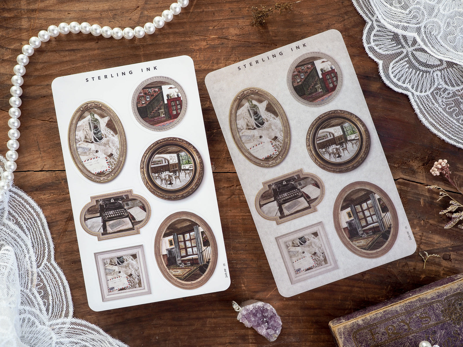 Two sheets of vintage picture frame stickers featuring sepia-toned, historic street scenes in various oval and rectangular photo borders.