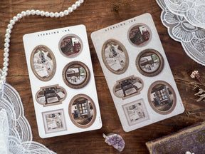 Two sheets of vintage picture frame stickers featuring sepia-toned, historic street scenes in various oval and rectangular photo borders.