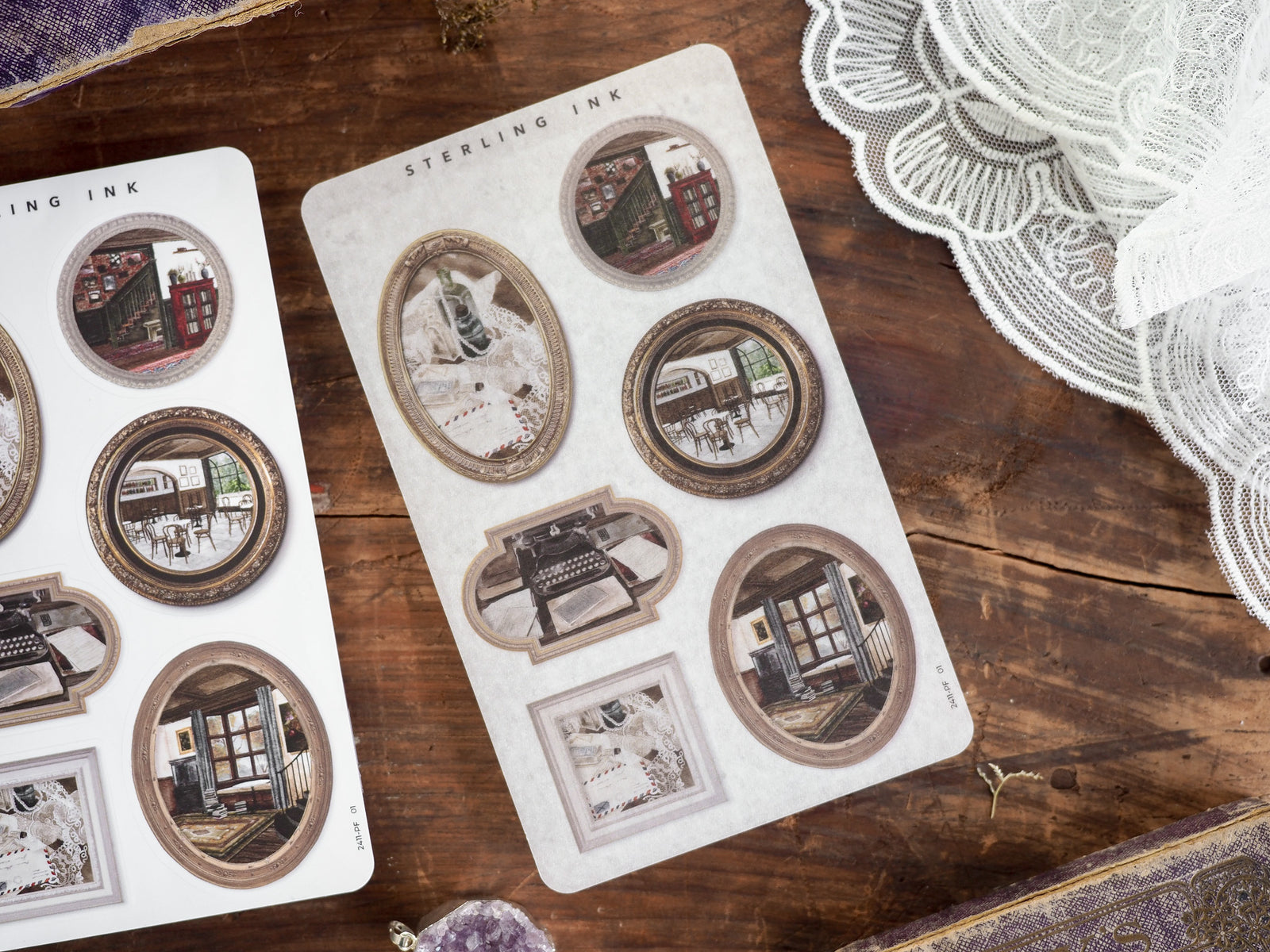 Vintage picture frame sticker assortment featuring multiple ornate designs and nostalgic fall-themed photos for scrapbooking and journaling.