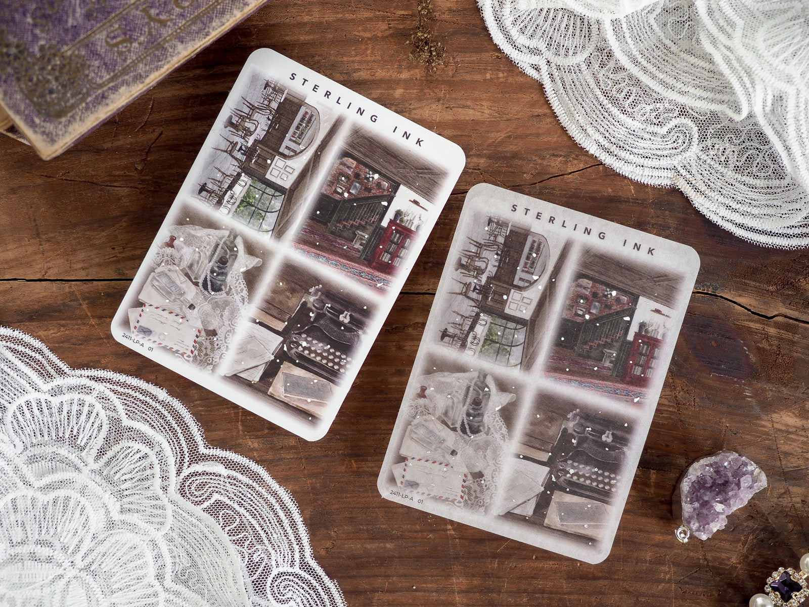 Metallic large sticker set featuring detailed, vintage silver foil illustrations of historical street shops and storefronts.