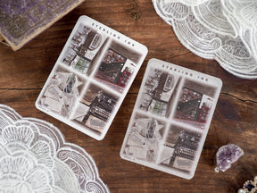 Metallic large sticker set featuring detailed, vintage silver foil illustrations of historical street shops and storefronts.