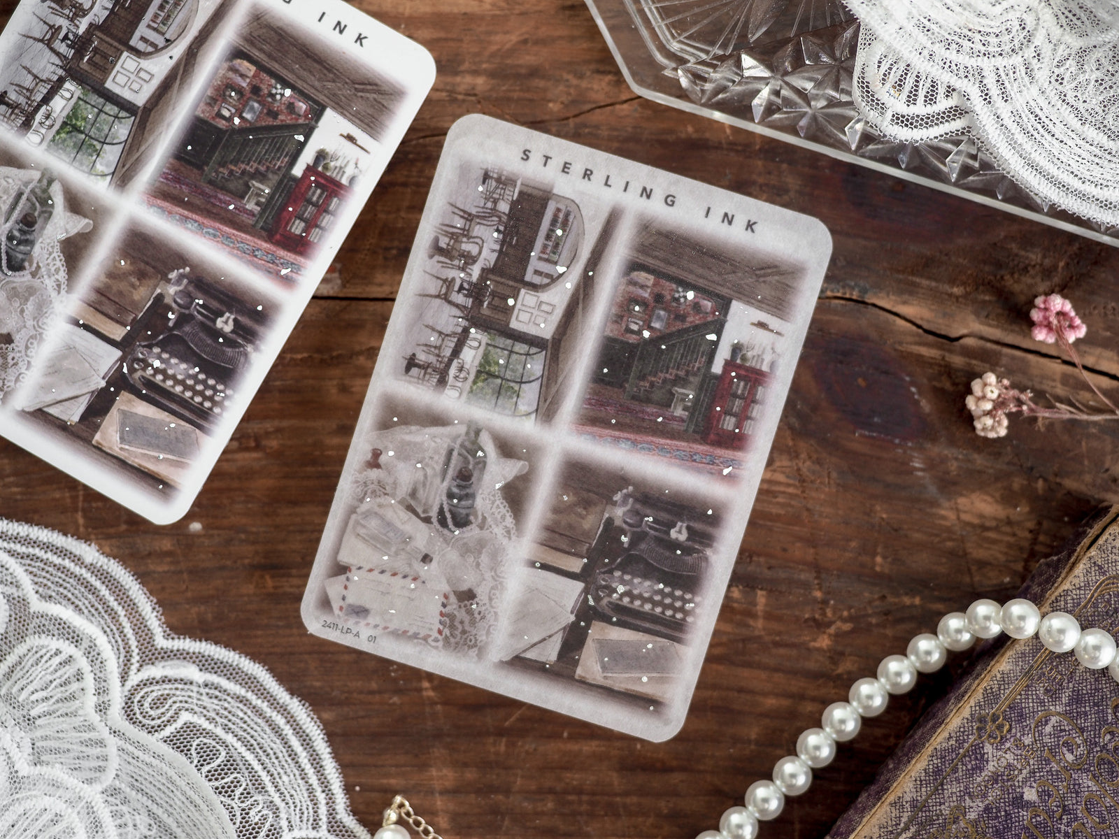 Vintage, decorative stickers featuring detailed illustrations of historic city architecture, enhanced with silver foil accents and a rich, nostalgic urban theme.