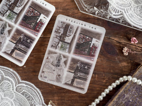 Vintage, decorative stickers featuring detailed illustrations of historic city architecture, enhanced with silver foil accents and a rich, nostalgic urban theme.