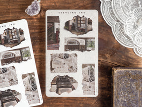 Vintage torn paper stickers featuring distressed, sepia-toned illustrations and detailed architectural sketches, perfect for journaling and scrapbooking.