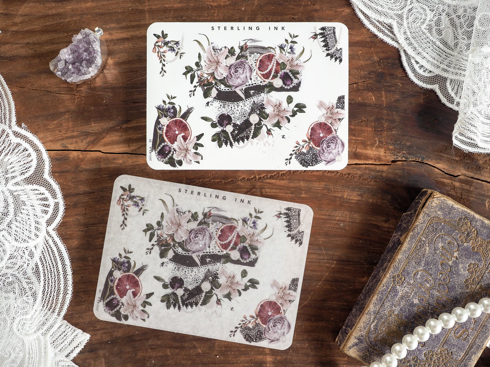 Elegant botanical stickers featuring clusters of deep purple and dusty rose roses interspersed with detailed green foliage and vintage floral patterns.
