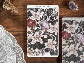Elegant "Thin Strip Stickers" featuring a gothic floral pattern of white lilies, deep purple roses, and delicate black lace against a dark background.
