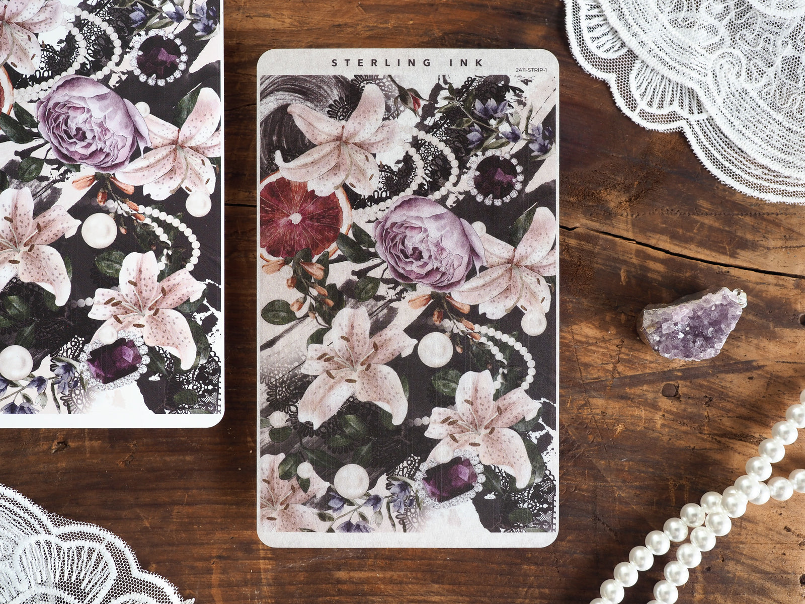 Botanical sticker strips displaying romantic florals, including blush roses, white lilies, and deep purple accents mixed with delicate pearl details.