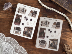 Vintage black and white sticker collection featuring mini elements like antique typewriters, ornate doorways, and decorative icons for scrapbooking or journaling.