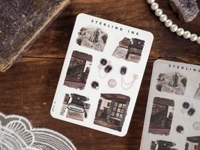 Sticker set featuring vintage "Sterling Ink" themed icons, including antique typewriters, decorative ink pots, and historical architectural sketches.