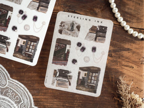Mini Elements Icon Stickers featuring vintage architectural vignettes, decorative window frames, and small rustic charms for crafting and journaling.