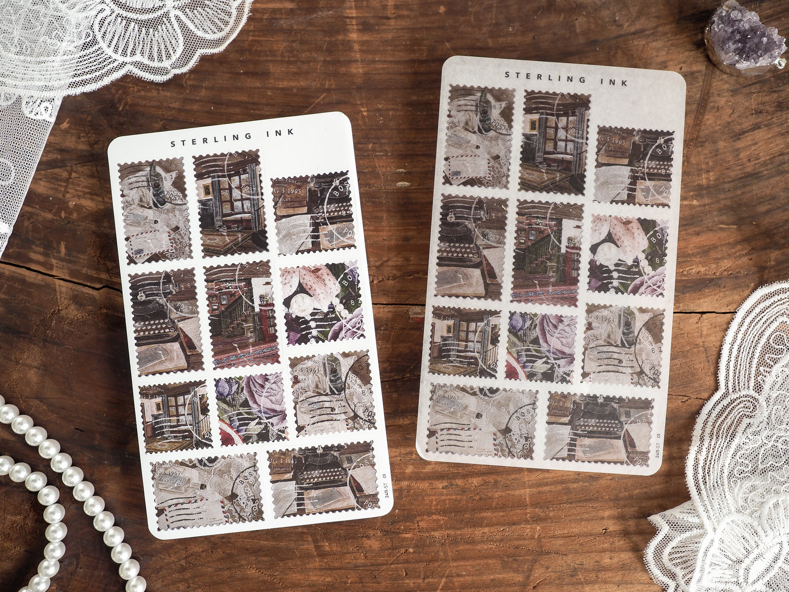 Set of rectangular sticker sheets featuring repeating grid designs of vintage sepia-toned city and architectural photography.