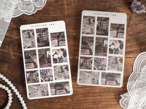 Set of rectangular sticker sheets featuring repeating grid designs of vintage sepia-toned city and architectural photography.