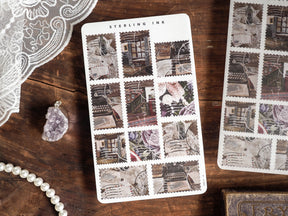 Patterned set of vintage stamp decals featuring muted architectural vignettes and historical sepia-toned images for craft journaling.
