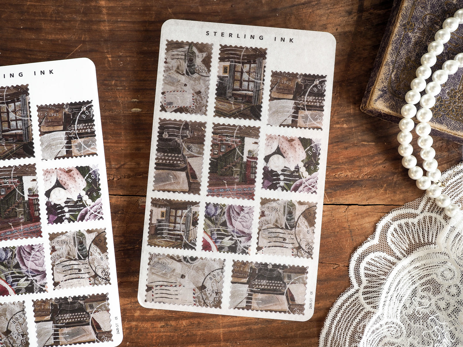 Two sheets of sepia-toned, vintage collage stickers featuring intricate patterns of antique architecture, distressed blueprints, and romantic floral engravings.