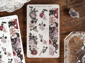 Romantic botanical washi stickers featuring delicate, muted roses, rich burgundy accents, and trailing green foliage, accented with silver foil.