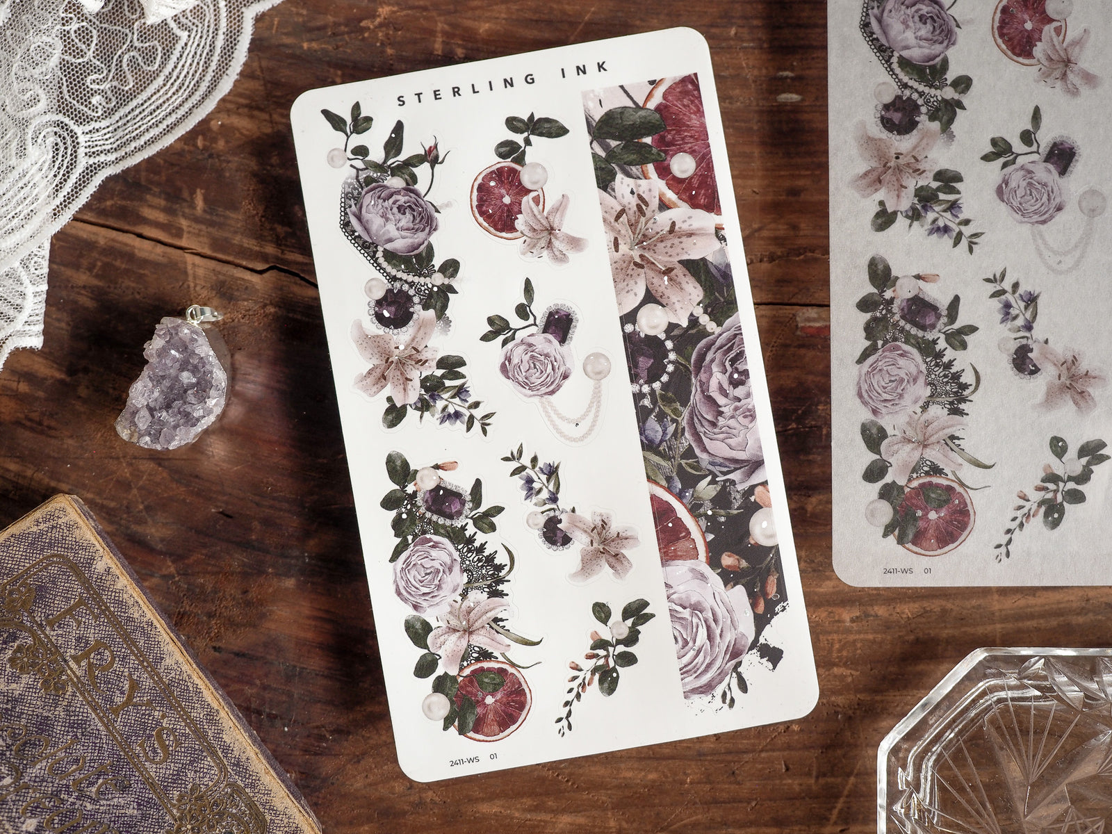 Elegant washi strips featuring a rich botanical pattern of muted vintage roses, lush greenery, and rustic floral elements.