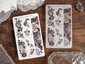 Romantic floral washi strips showcasing vintage watercolor roses and lush greenery on natural cream paper for crafting decor.