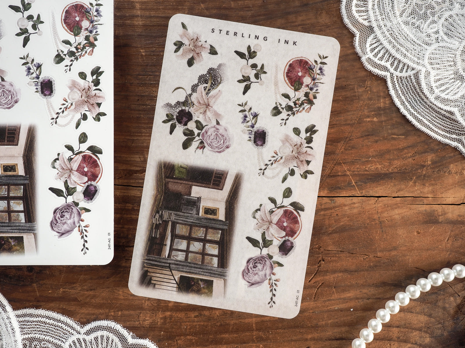 Romantic sheet of fall journaling stickers displaying muted florals and rustic architectural elements in blush, plum, and dusty tones.