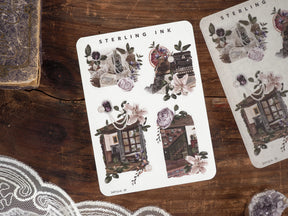 Collection of large, detailed sticker icons featuring romantic botanical arrangements, rustic house fronts, and vintage, autumnal decor for crafting.