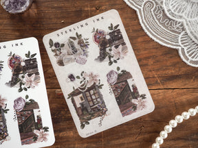 Set of decorative stickers featuring richly detailed, vintage-style illustrations of houses, wreaths, and moody floral arrangements for November planning.