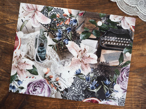 Romantic November floral pattern featuring delicate blush lilies, moody deep purple roses, and dark blue accents in a vintage, highly detailed botanical style.