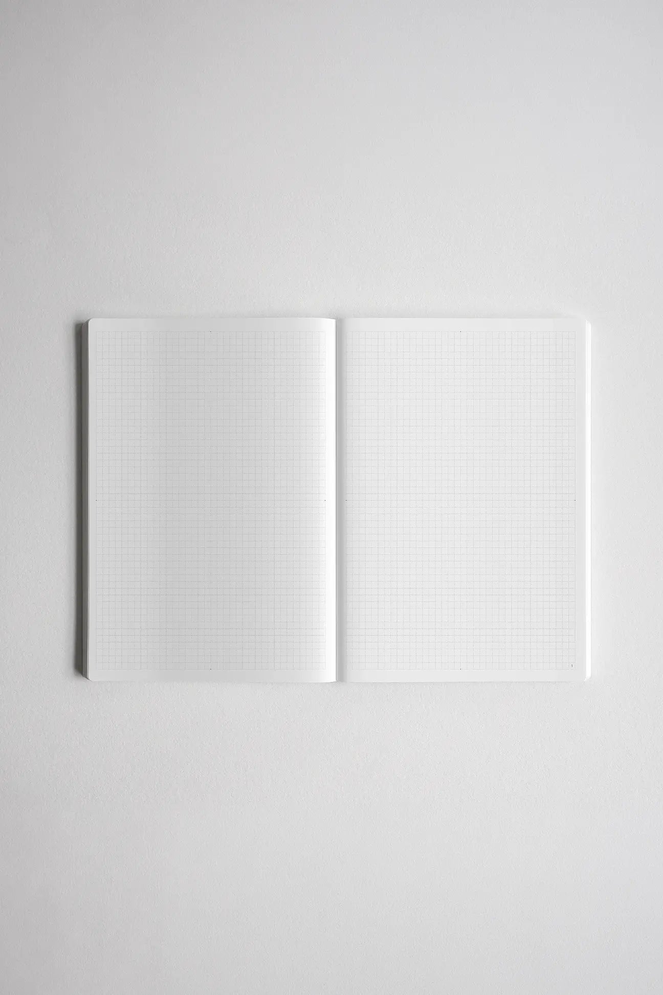 An open notebook with white graph-grid pages, photographed from above on a light gray background.