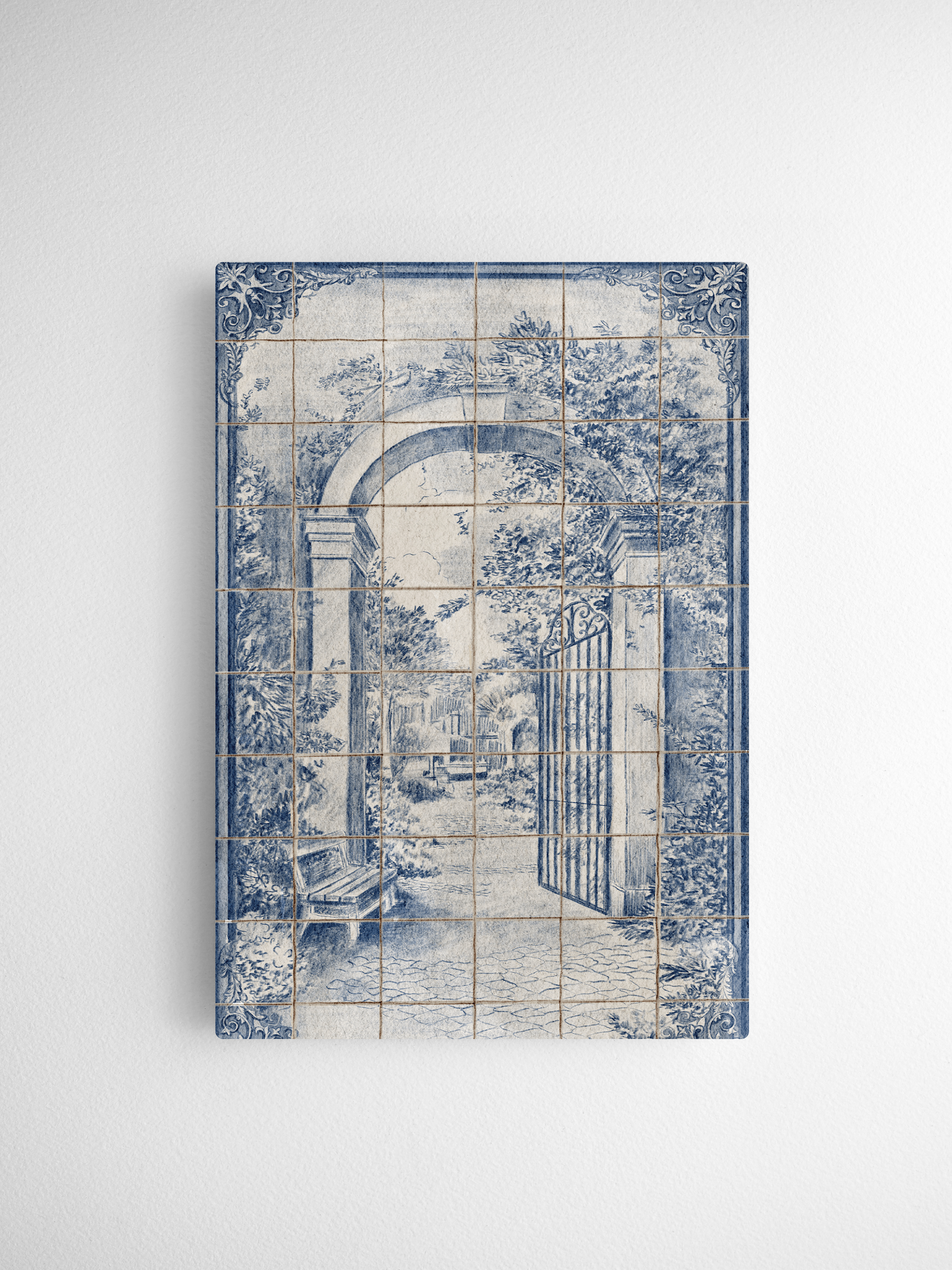 Elegant blue monochrome print featuring a vintage, tiled arched passage leading into a lush, classical courtyard scene.